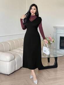 DAZY Women's Elegant V-Neck Solid Color Knitted Dress, High-End, Autumn/Winter Sweater Dress - Black - View 5