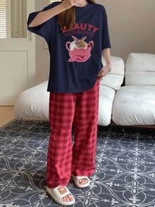 DAZY 2pcs/Set Cute Rabbit Print Top & Plaid Pajama Pants Sleepwear Set,Back To School Clothes