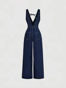 Sweetra 通勤休闲装饰纽扣深V领阔腿牛仔连体裤 - 深色水洗藍 - 查看 2