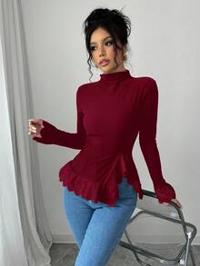 Elenzga Women's Solid Color Stand Collar Long Sleeve Ruffle Hem Ribbed T-Shirt, Christmas - Burgundy - View 4