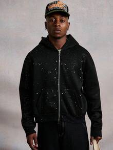 PAVTROS Manfinity Streetrush Men's Cropped Black Zip-Up Sweatshirt, Thermal Lined, Sequin Textured Fabric, Streetwear For Autumn And Winter, Halloween, INS Streetwear, Style, Rapper, Boy Friend Gifts, Long Sleeve Top - Black - View 5