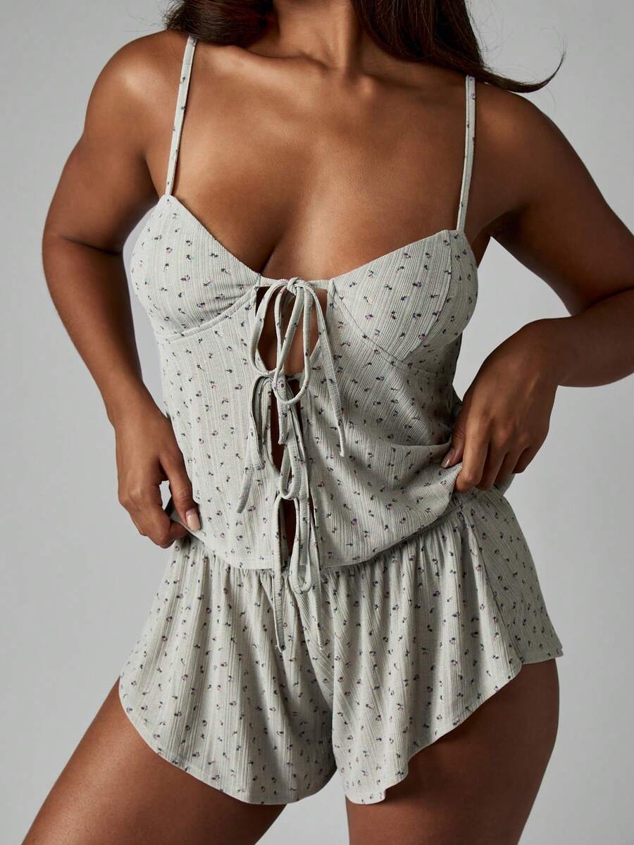 MISSGUIDED Women Ditsy Floral Pajama Set Lace Up Front Cami Top Ruffle Shorts Sleepwear Comfortable Nightwear Loungewear Summer Spring - Grey - View 1