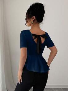 Elenzga Áo thun thắt nơ lưng nhún bèo, thường ngày, mặc ở nhà và ngoài trời - Màu xanh hải quân - Xem 5