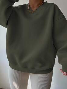 秋冬大码休闲纯色落肩宽松卫衣 - 墨綠色 - 查看 4