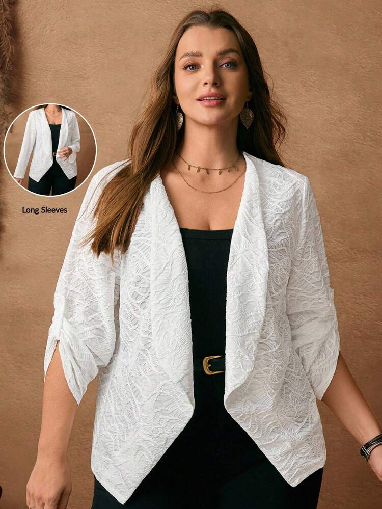 플러스플러스 사이즈 여성용 고품질 홈 레저 다용도 화이트 자카드 니트 라펠 짧은 버튼 조절 가능한 긴소매 재킷 가을 여성 의류 겨울 의류 가을