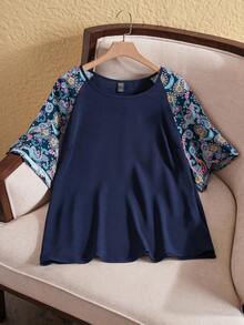 EMERY ROSE 加大碼女士圓領拼接襉袖夏季長袖襯衫 - 藏蓝色 - 查看 1