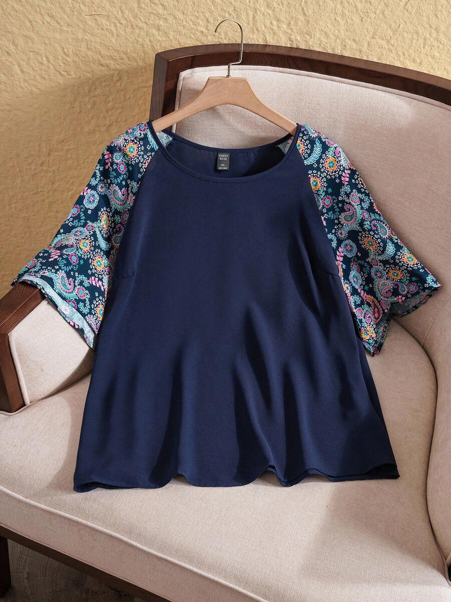 EMERY ROSE 加大碼女士圓領拼接襉袖夏季長袖襯衫 - 藏蓝色 - 查看 1