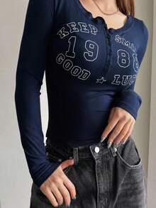 DAZY 字母印花半扣圆领紧身长袖女式T恤长袖女式上衣 - 藏蓝色 - 查看 3