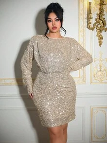 Roveilla 大码女士优雅浪漫派对亮片衬里圆领褶裥腰身修身迷你连衣裙，适合圣诞节、派对、家庭聚会等场合，新品上市 - 香檳色 - 查看 7