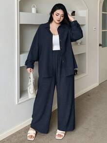 Dazy Plus Bộ đồ đôi phong cách phương Tây dành cho nữ, màu trơn, chất liệu giả denim và vải lanh, dáng rộng thoải mái, cỡ lớn, thích hợp cho kỳ nghỉ biển, mùa xuân/thu. - Màu xanh hải quân - Xem 4