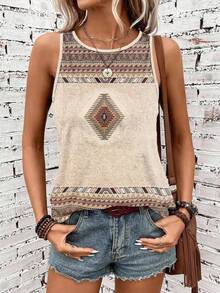 EMERY ROSE Plus Size Women Casual Retro Geometric Print Tank Top, Suitable For Summer,Vacation/Spring - Multicolor - View 1