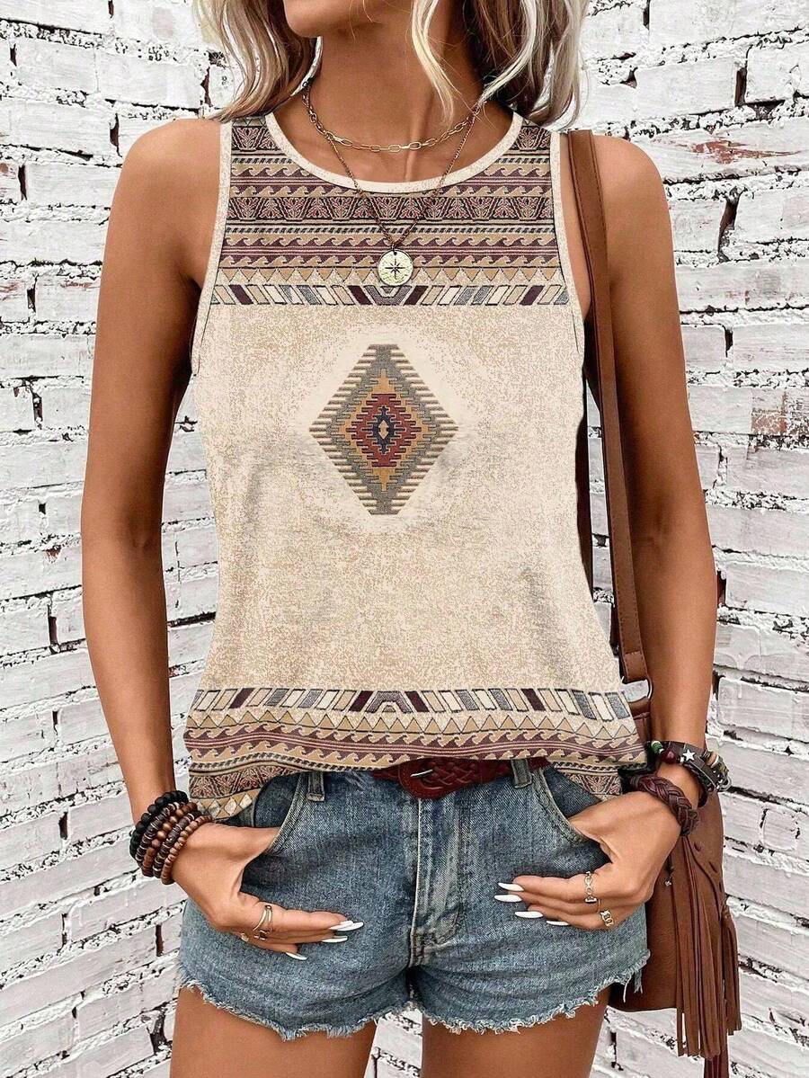 EMERY ROSE Plus Size Women Casual Retro Geometric Print Tank Top, Suitable For Summer,Vacation/Spring - Multicolor - View 1