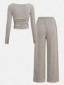 SHEIN Girlism Teen Girls Crew Neck Ruched Waist Long Sleeve T-Shirt And Loose Fit Pants Set - Apricot - View 2