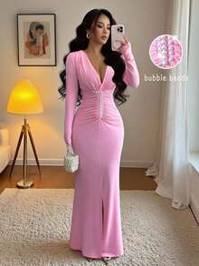 Rafferiza 优雅粉色串珠腰部褶饰秋季婚礼宾客礼服，优雅派对礼服 - 粉色 - 查看 3