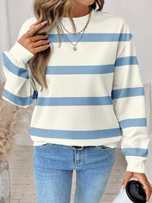 SHEIN LUNE Casual Minimalist Printed Pattern Crew Neck Loose Fit Women Sweatshirt,Fall Blue And White Striped Striped Sweater Striped Long Sleeve Fall Clothes For Women Winter Clothes Women - Multicolor - View 3
