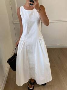 DAZY Đầm suông cổ tròn ôm sát màu trơn không tay xẻ tà thường ngày dành cho nữ, mùa thu - trắng - Xem 7