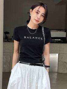 DAZY Áo thun nữ ngắn tay in chữ cho mùa hè - màu đen - Xem 4
