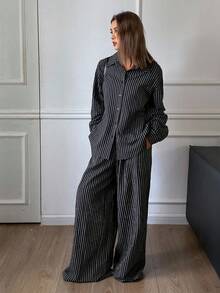 Livesso Bộ 2 món áo len cardigan kẻ sọc công sở rộng rãi, thoải mái cho nữ và quần ống rộng, phù hợp cho mùa thu đông - màu đen - Xem 2