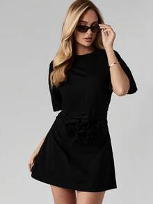 MISSGUIDED Cotton Minimalist Short Sleeve Mini Dress Flower Detail Evening Party Special Occasion Wedding Guest Flowy Casual Elegant Fashion Dress - Black - View 1