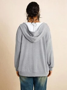 SHEIN LUNE Plus Size Drop Shoulder Drawstring Sweatshirt For Spring & Fall, Travel Airport Winter Jacket Winter Fall Grey Top, Chic Zip Up Sweatshirt, Country Look Going Out Tops Going Out Winter - Grey - View 2