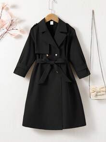 SHEIN Kleine Mädchen Locker geschnittene Jacke mit Doppelreiher-Kragen, Parka, Trenchcoat, im lässigen Militärstil, geeignet für Pendeln und Outdoor-Outfit, Frühling/Sommer/Herbst/Winter, Y2K-Stil für metallic Jacke, Y2K-Jacke, silberne Jacke, für Halloween, Mutter & Schwester & Ich Partnerlook, Herbst - Schwarz - Übersicht 8