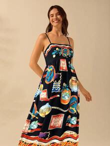 CAJUNI 女式波西米亚风热带印花度假休闲长吊带连衣裙，夏季 - 黑色 - 查看 1