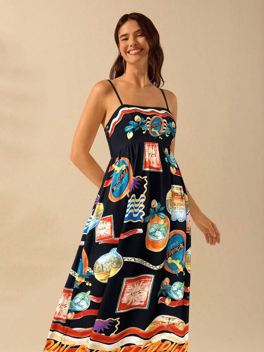 CAJUNI 女式波西米亚风热带印花度假休闲长吊带连衣裙，夏季 - 黑色 - 查看 1