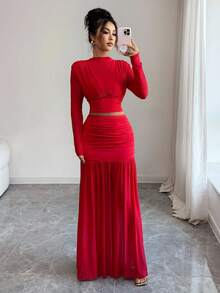 Elenzga 时尚纯红色立领长袖性感镂空网眼拼布褶皱 A 字连衣裙，适合毕业派对、节日活动、度假、约会、圣诞节 - 紅色 - 查看 3