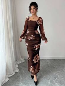 Modelyn 女士花卉印花优雅方领系腰中长连衣裙女式长款晚礼服 - 棕色 - 查看 6