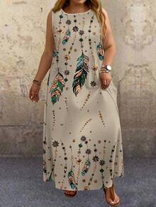 EMERY ROSE Plus Size Country Retro Holiday Casual Sleeveless Feather Imitation Gold Stamping Positioning Flower Print Long Dress Suitable For Spring And Summer Gifts For Mother Vacay Vibes Springbreak Casual Wear SS Bohemia Loose Fit Boho Style Country Concert Outfit,Sun Dresses For Women,Vacation - Khaki - View 4