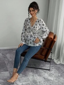 Momance Maternity Casual Ditsy Floral Shirt, Autumn - Black and White - View 4