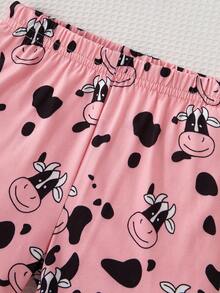 Young Girls 2pcs Tight Fit Pajama Set With Cute Cow Print On Short Sleeve Top And Shorts
