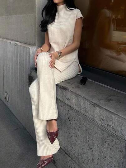 Poéselle Conjunto de suéter casual de punto de unicolor con cuello alto y manga corta a rayas para mujer