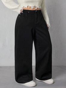 Flexra Plus Size Women's Pocketed Thermal Lined Loose Fit Wide Leg Casual Jeans - Black - View 4