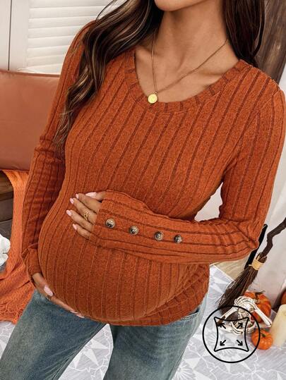 SHEIN Camiseta de manga larga ajustada de unicolor casual de maternidad, otoño