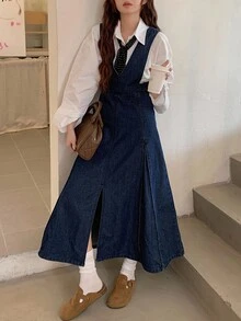 DAZY Women's V-Neck Long Suspender Dress, Casual & Elegant Denim Dress