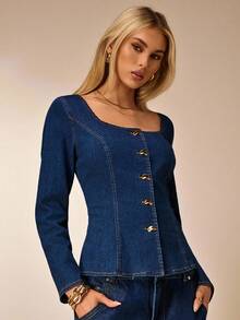 Avantive Langärmliges Jeanshemd mit quadratischem Ausschnitt, dekoriert mit Metallknöpfen, geeignet für Winter/Herbst, Ausgehen, Geburtstag, Casual, Millennium/2000/90er Jahre, Western-Stil Damen, Club, Büro, Cocktails, Retro, Rave Festival, Fun, Klassisch, Old Money, Streetwear, Workwear, Junggesellinnenabschied, Konzert, Basic, Ausgehen, Elegant, Casual - Mittele Waschung - Übersicht 1