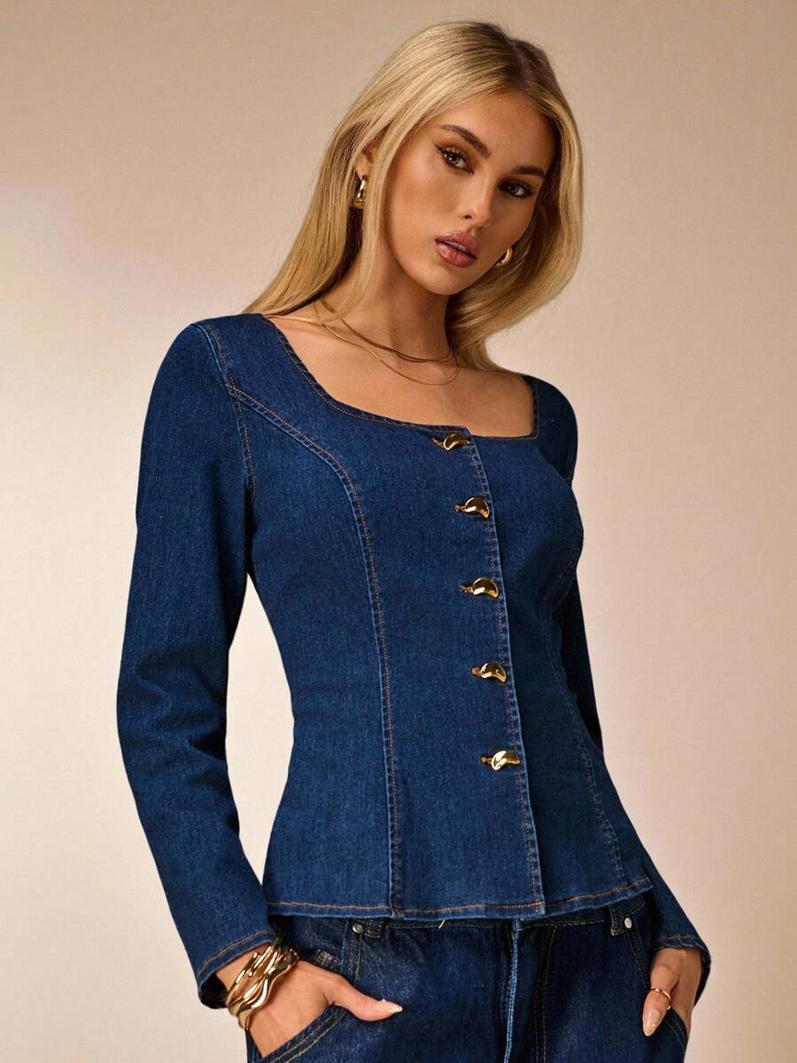Avantive Langärmliges Jeanshemd mit quadratischem Ausschnitt, dekoriert mit Metallknöpfen, geeignet für Winter/Herbst, Ausgehen, Geburtstag, Casual, Millennium/2000/90er Jahre, Western-Stil Damen, Club, Büro, Cocktails, Retro, Rave Festival, Fun, Klassisch, Old Money, Streetwear, Workwear, Junggesellinnenabschied, Konzert, Basic, Ausgehen, Elegant, Casual - Mittele Waschung - Übersicht 1