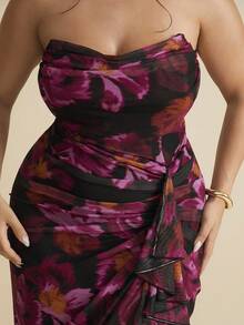 SHEIN BAE 大码女式优雅浪漫绿色花卉印花荷叶边领口和袖子开衩连衣裙，适合春季/秋季、情人节、派对、女士柔和色调连衣裙、阵亡将士纪念日、毕业典礼、工作/办公室、度假装、紫色连衣裙、度假装、网眼连衣裙/大码露肩连衣裙/曲线婚礼宾客连衣裙/大码花卉连衣裙/曲线生日连衣裙/大码荷叶边连衣裙/大码秋季服装/万圣节/返校节/圣诞节/外出/女士生日连衣裙/女士西装/女士派对连衣裙，女士婚礼宾客连衣裙 - 紫色 - 查看 2