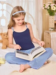 SHEIN Girls' Criss-Cross Strap Tank Top & Striped Pants Pajama Set Teen Girl Sleepwear Sleepwear Set Spaghetti Strap Tween Teen Girls Sets Pj Sets Tween Girls Tween Girl Pants Sets - Navy Blue - View 4