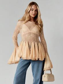 MISSGUIDED Long Sleeve Lace Peplum Blouse With Bell Sleeves And Sheer Overlay For Special Occasions - Apricot - View 1