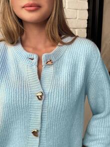 EURMUSE Áo len cardigan nút trái tim sợi mềm màu xanh dành cho nữ - Màu xanh lam - Xem 5