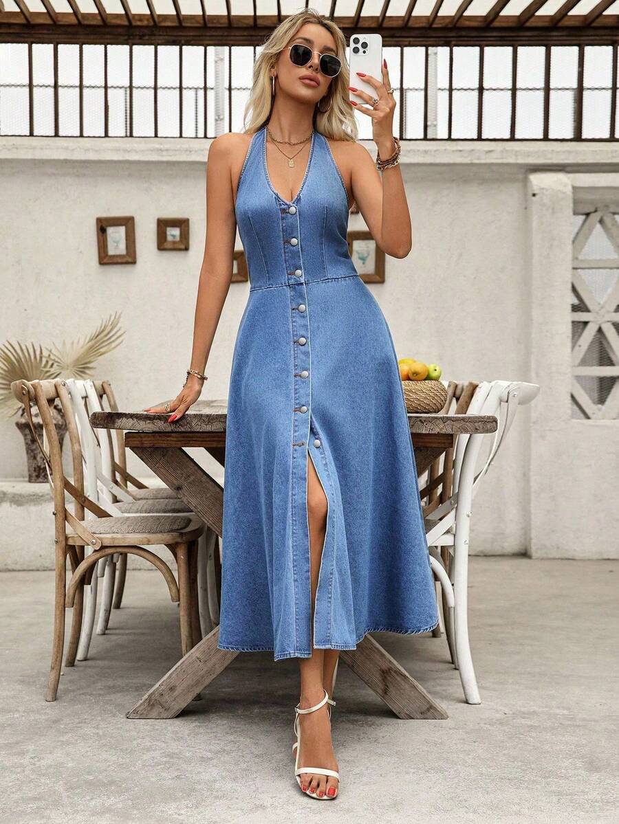 EMERY ROSE Vestido vaquero informal midi sin mangas de talla grande para mujer, color azul claro, sin estiramiento