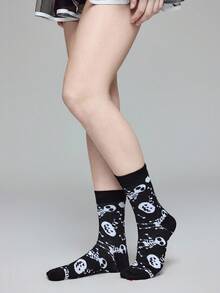 ROMWE Grunge Punk 1双万圣节南瓜骷髅情侣袜 - 黑與白 - 查看 1