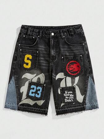 Street Life Pantalones cortos de mezclilla con bordados, parches y múltiples bolsillos para hombre