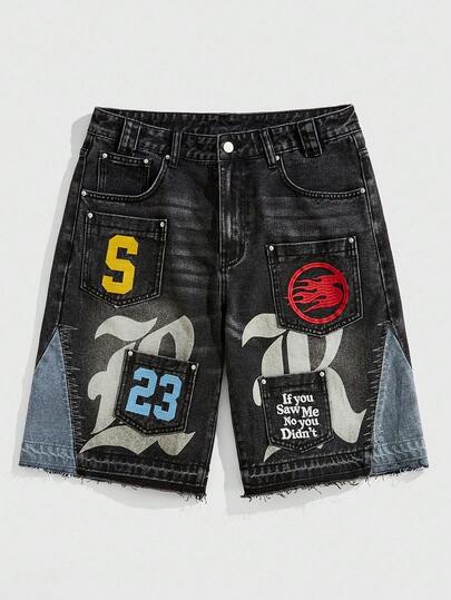 Prep Short en jean pour hommes avec patchwork brodé et poches multiples