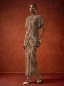 Zivah The 2025 New Autumn, Autumn And Winter Casual, Simple, Street, Daily, Date, Birthday, Party, Travel Season, Warm, Elegant, Commuting, Office Worker, Internet Celebrity Besthit High Neck, Neckline, Shoulder Drop, Sleeve Cover, Asymmetrical Hem, Long Sweater, Pullover, Skirt, Straight Skirt, Long Skirt, Flower Brown Asymmetrical Striped Sweater Set, Women's Sweater Two Pieces Set -A