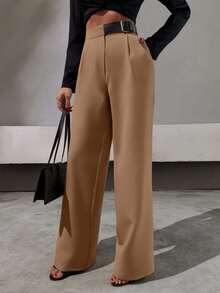 EURMUSE Elegant Style, Half Faux Leather Belt Detailed Straight Fit Pant - Mocha Brown - View 5