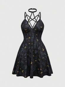 ROMWE Goth 女式哥特式性感夏季蕨类印花迷你连衣裙 - 彩色 - 查看 1