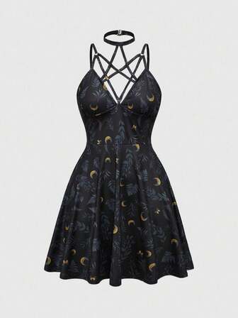 Goth Abito mini estivo sexy in stile gotico con stampa a felce per donne